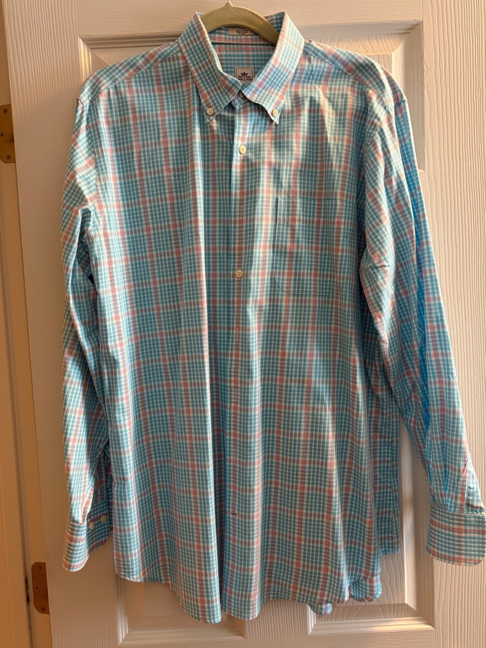 Peter Millar Blue and Pink Plaid Button-Down Dress Shirt